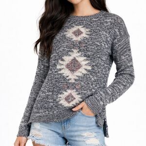 Hollister Hi Low Knit Sweater Gray White Maroon Aztec XS S Juniors
